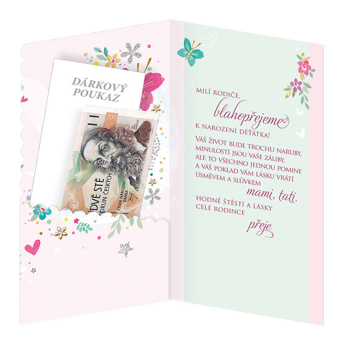 16-662 Blahopřání k narození dítěte s klopou na peníze CZ
