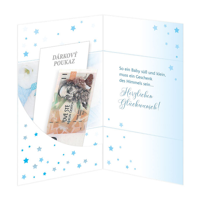 16-654 Blahopřání k narození dítěte s klopou na peníze DE