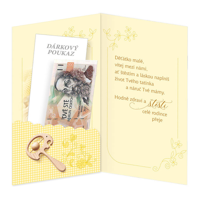 16-661 Blahopřání k narození dítěte s klopou na peníze CZ