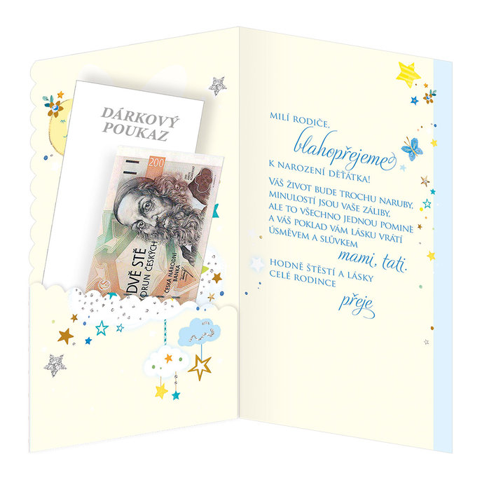 16-663 Blahopřání k narození dítěte s klopou na peníze CZ