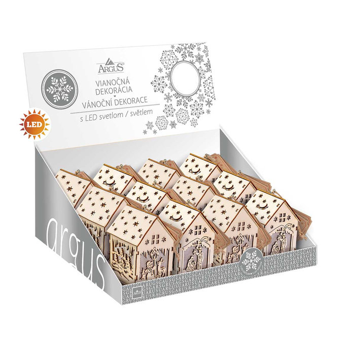 2352-8001 Vánoční dekorace s LED světlem - domeček, 12ks mix